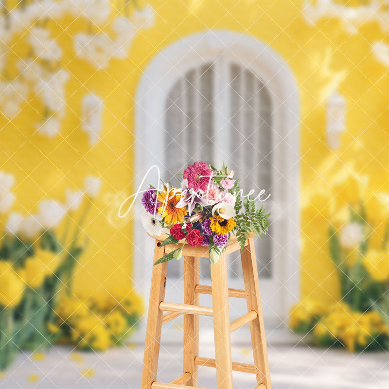 Aperturee - Aperturee Yellow House White Door Floral Spring Photo Backdrop