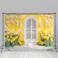 Aperturee - Aperturee Yellow House White Door Floral Spring Photo Backdrop