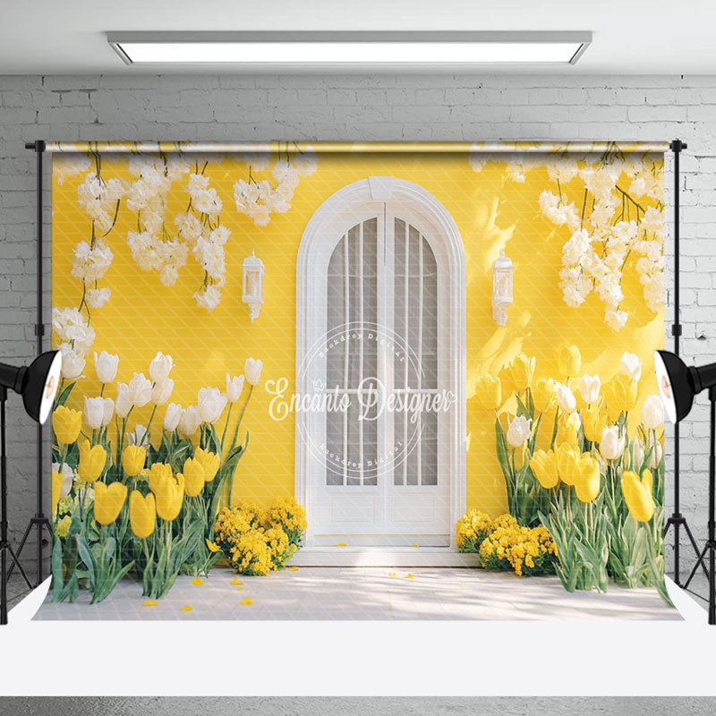 Aperturee - Aperturee Yellow House White Door Floral Spring Photo Backdrop