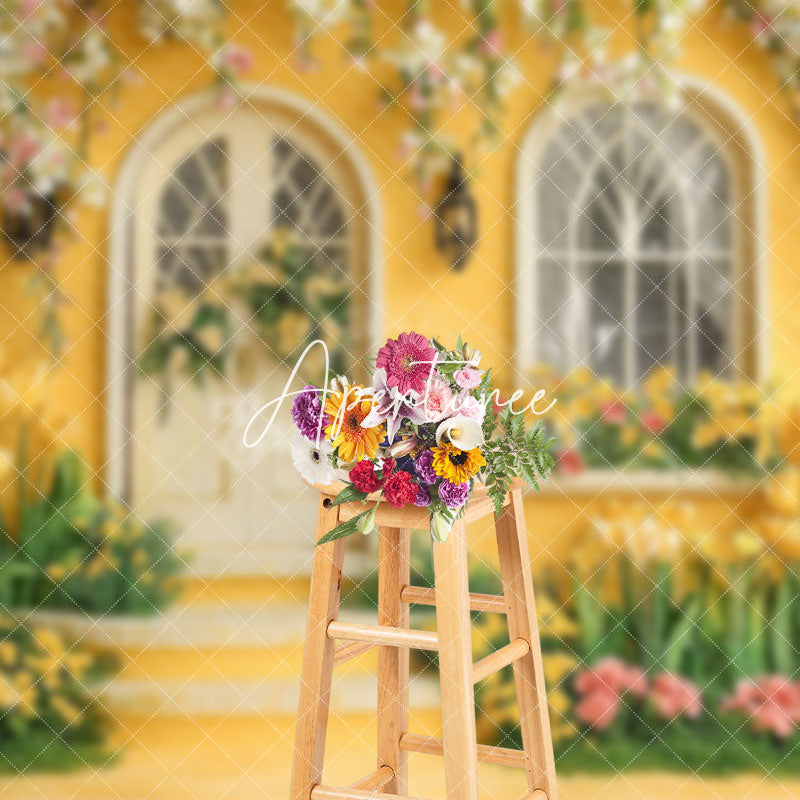 Aperturee - Aperturee Yellow Retro Garden Cabin Floral Spring Backdrop