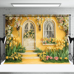 Aperturee - Aperturee Yellow Retro Garden Cabin Floral Spring Backdrop