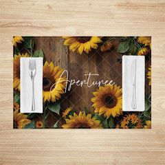 Aperturee - Aperturee Yellow Sunflower Brown Wood Grain Set Of 4 Placemats