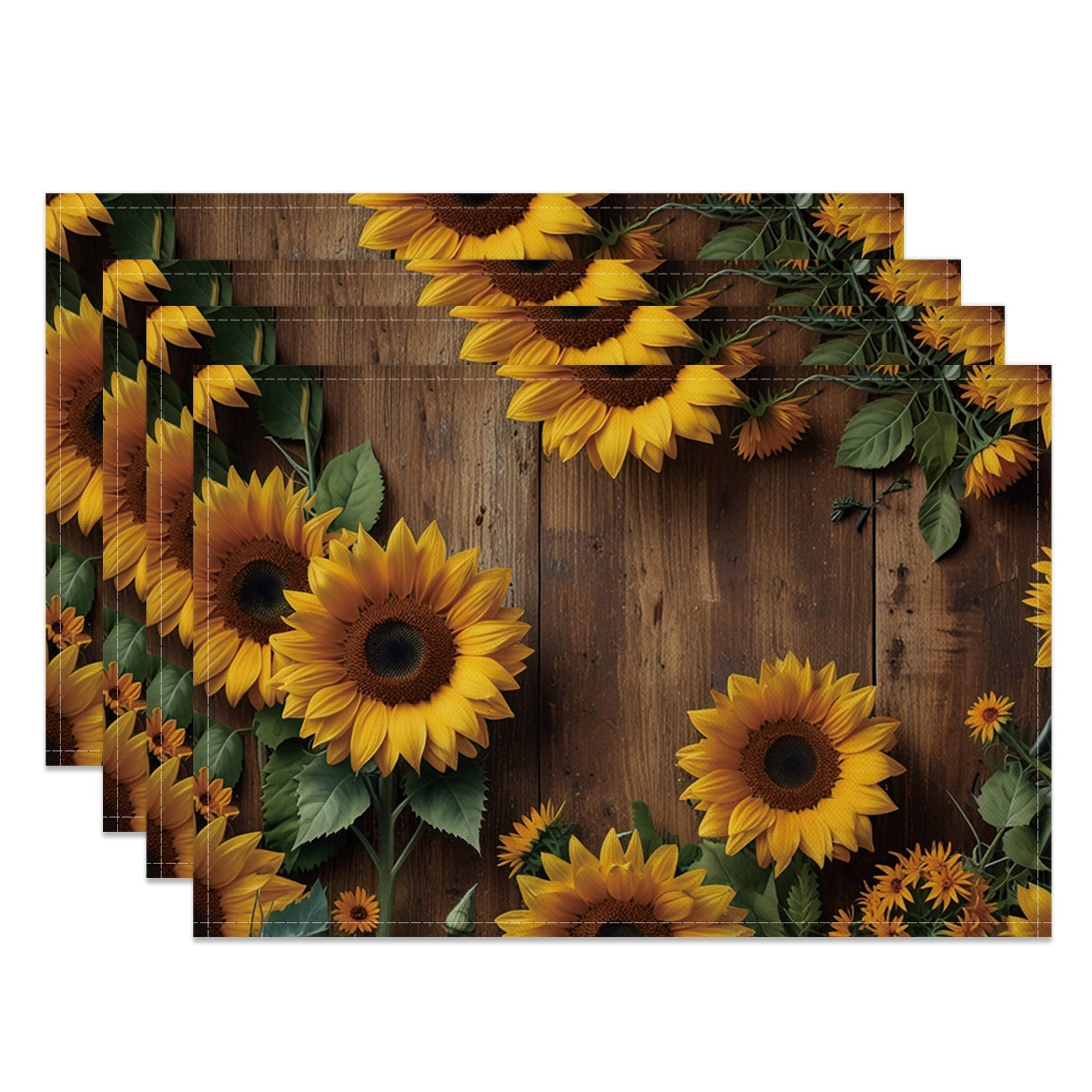 Aperturee - Aperturee Yellow Sunflower Brown Wood Grain Set Of 4 Placemats