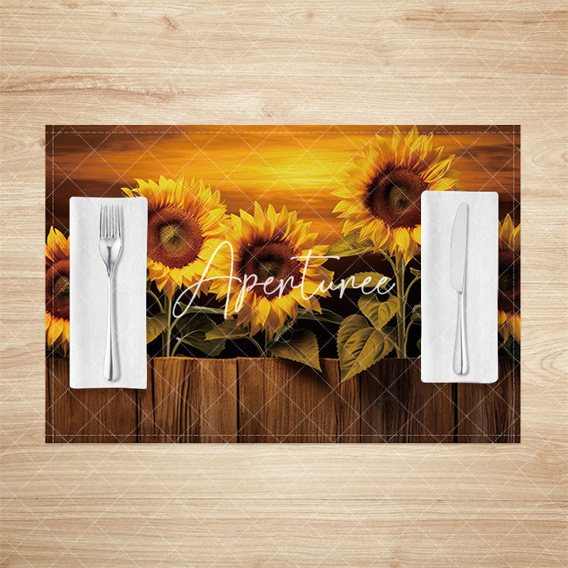 Aperturee - Aperturee Yellow Sunflower Sunset Wood Grain Set Of 4 Placemats