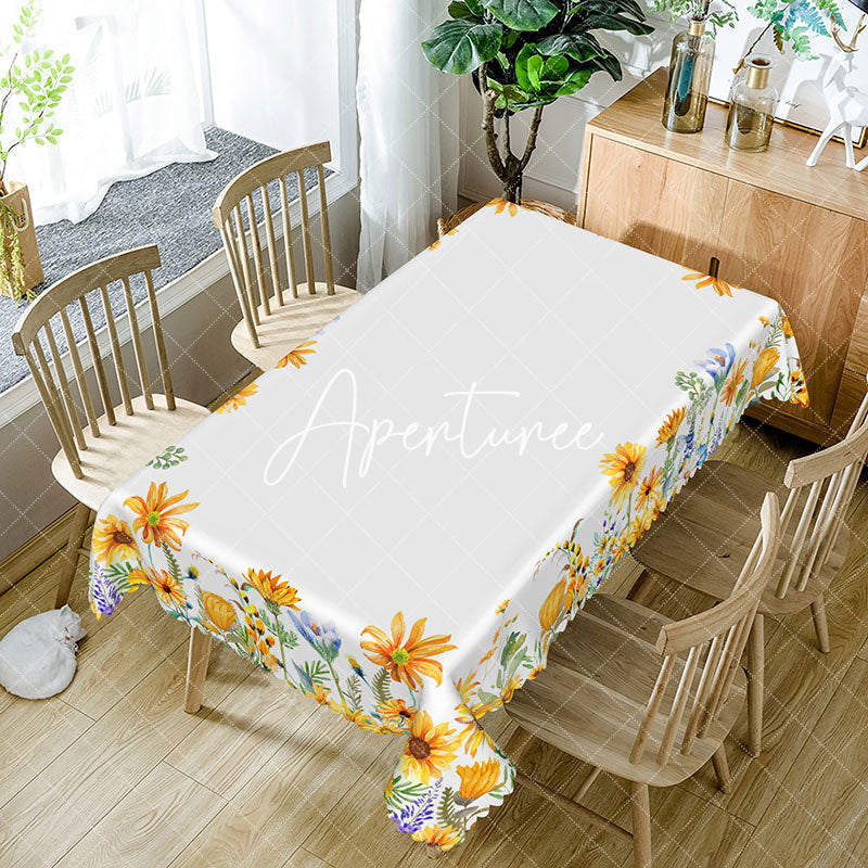 Aperturee - Aperturee Yellow Sunflowers Edge White Rectangle Tablecloth