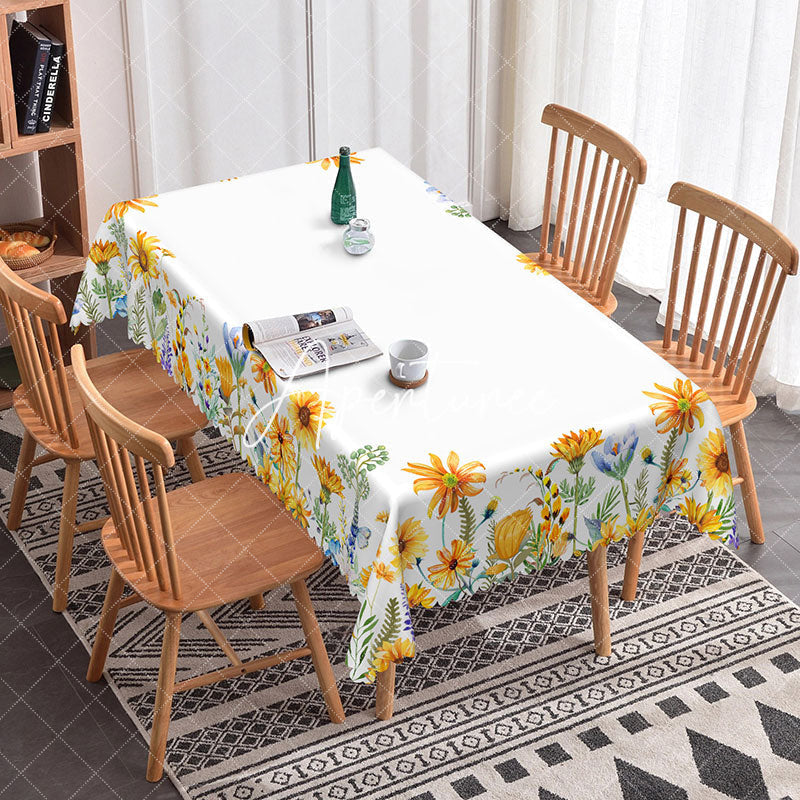 Aperturee - Aperturee Yellow Sunflowers Edge White Rectangle Tablecloth