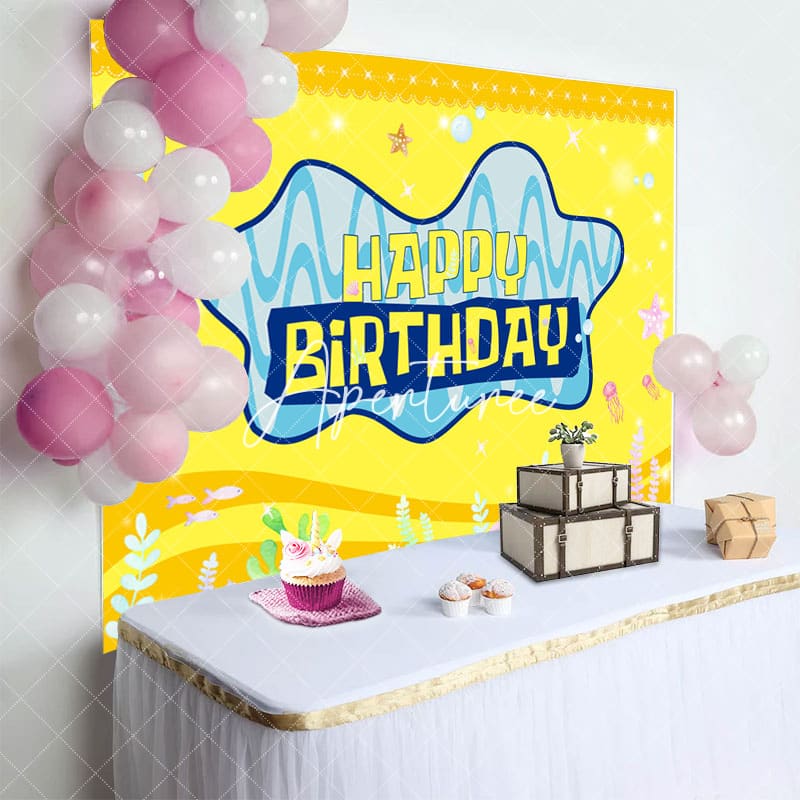 Aperturee - Aperturee Yellow Undersea Plant Bubbles Happy Birthday Backdrop