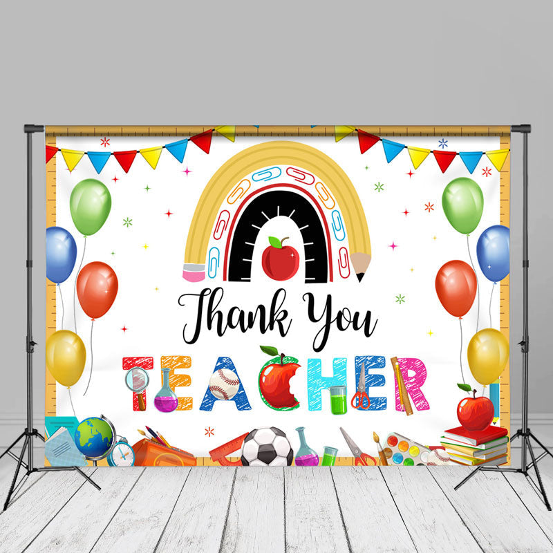 Aperturee - Apple Rainbow Balloon White Thank You Teacher Backdrop