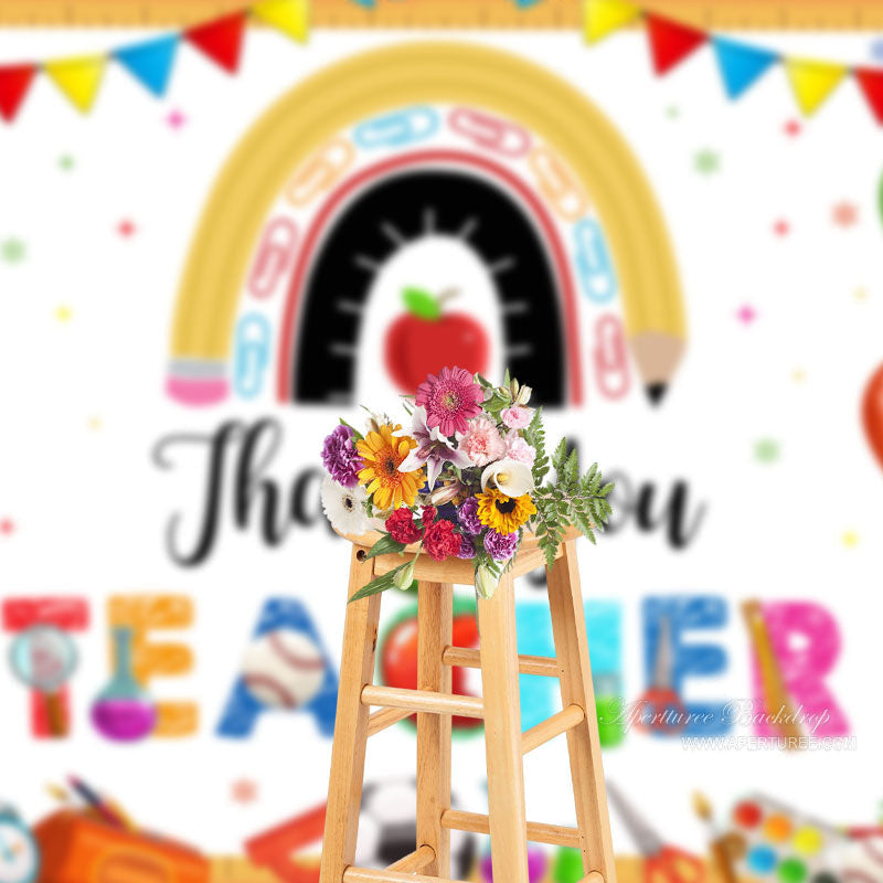 Aperturee - Apple Rainbow Balloon White Thank You Teacher Backdrop