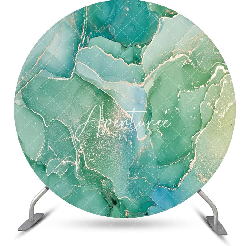 Aperturee - Aqua Green Golden Marble Round Birthday Backdrop