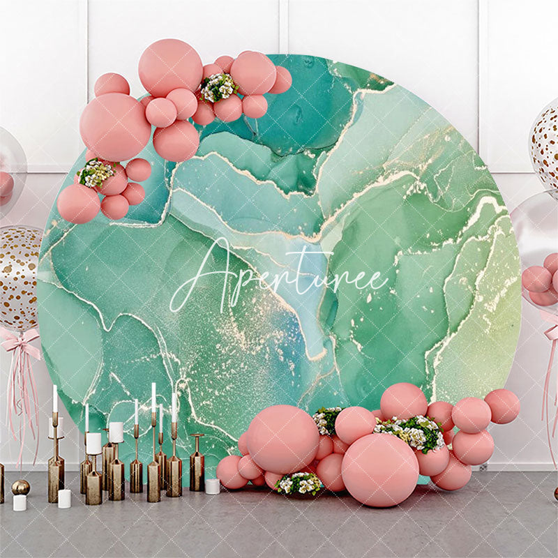 Aperturee - Aqua Green Golden Marble Round Birthday Backdrop