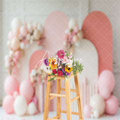 Aperturee - Arch Balloons Floral White Pink Cake Smash Backdrop