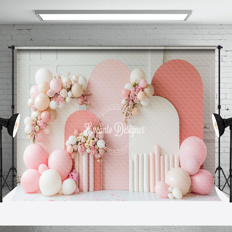 Aperturee - Arch Balloons Floral White Pink Cake Smash Backdrop