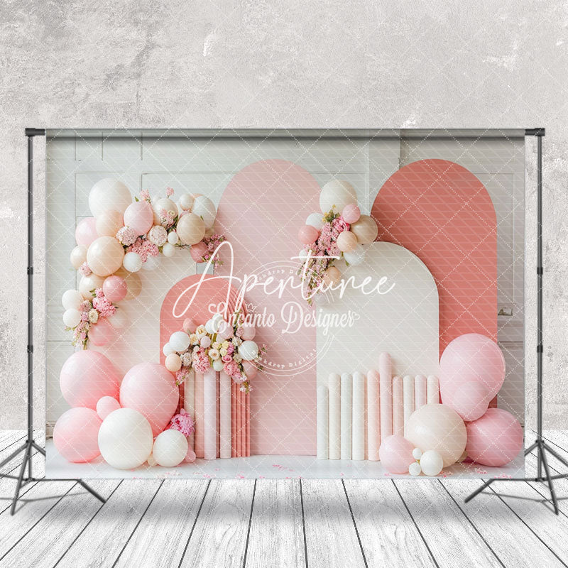 Aperturee - Arch Balloons Floral White Pink Cake Smash Backdrop