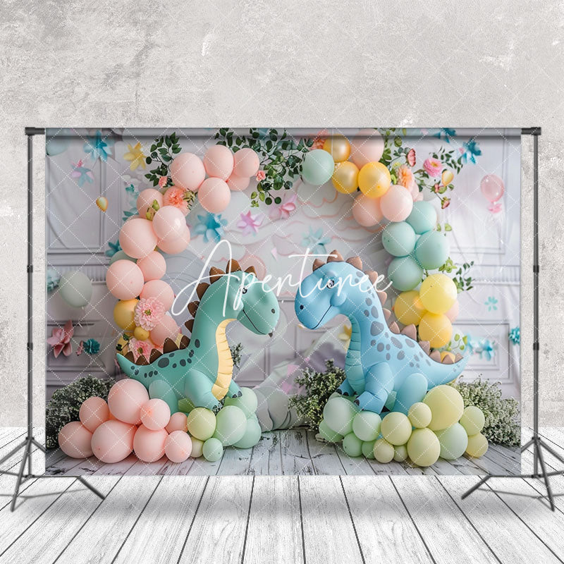 Aperturee - Arch Balloons Leaf Cute Dinosaur Cake Smash Backdrop