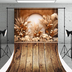 Aperturee - Arch Floral Reed Champagne Wood Floor Sweep Backdrop