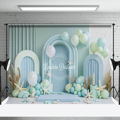 Aperturee - Arch Green Blue Balloon Summer Cake Smash Backdrop