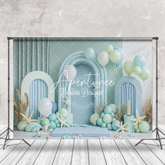 Aperturee - Arch Green Blue Balloon Summer Cake Smash Backdrop