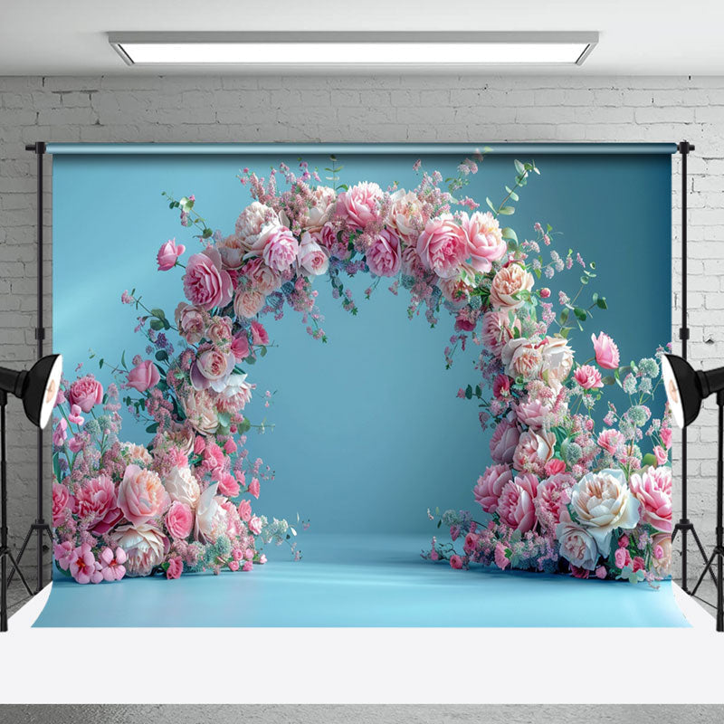 Aperturee - Arch Pink Floral Blue Wall Backdrop For Photography