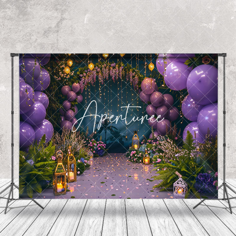 Aperturee - Arch Purple Balloon Light Floral Cake Smash Backdrop