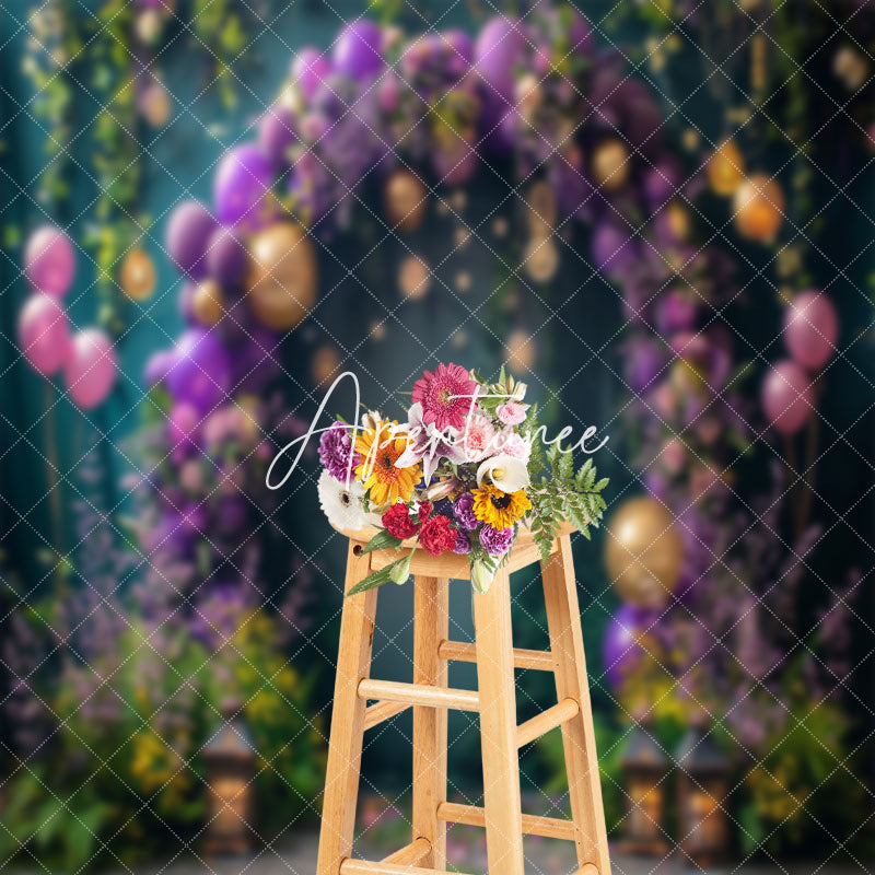 Aperturee - Arch Purple Balloons Floral Backdrop For Cake Smash