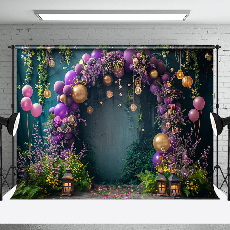 Aperturee - Arch Purple Balloons Floral Backdrop For Cake Smash