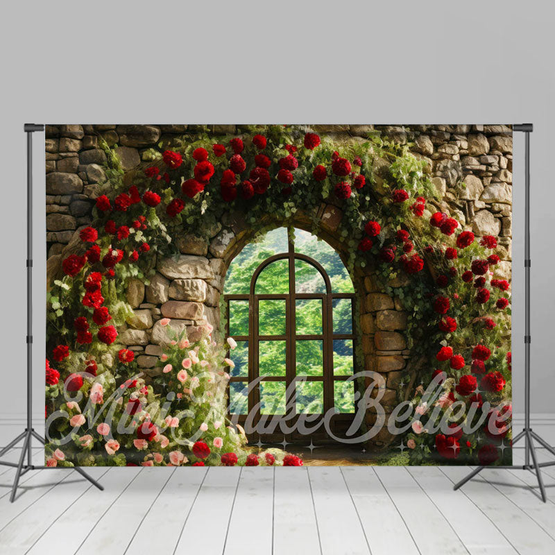 Aperturee - Arched Red Flowers Window Birck Wall Spring Backdrop