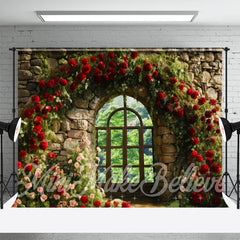 Aperturee - Arched Red Flowers Window Birck Wall Spring Backdrop