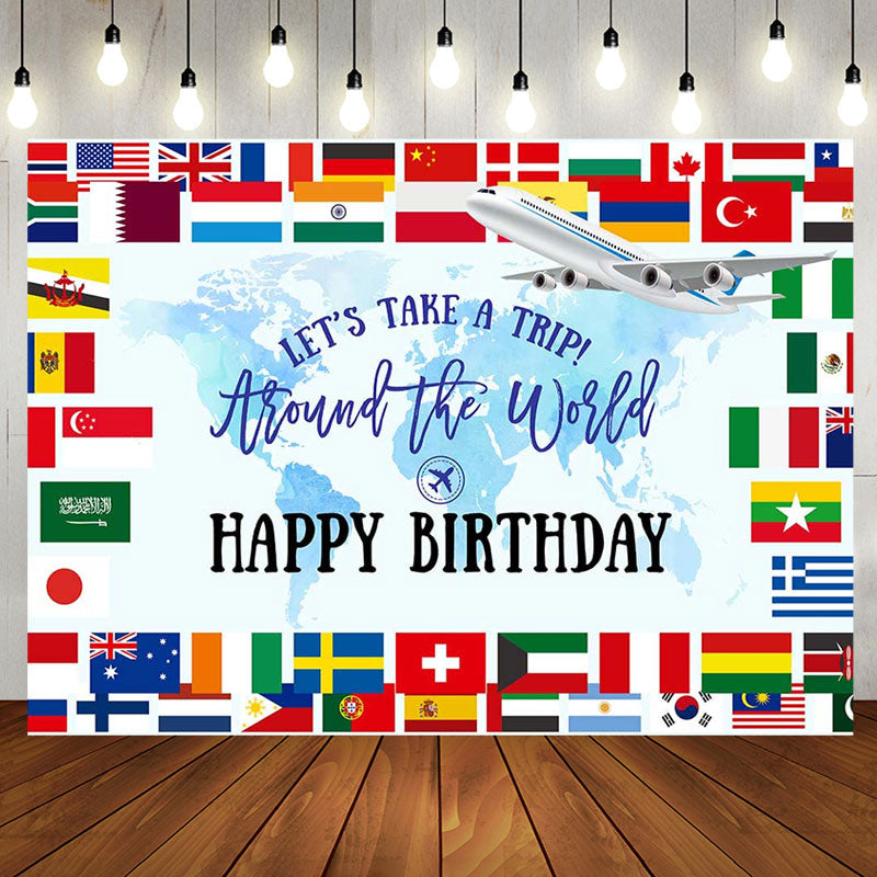 Aperturee - Around The World Map Trip Airplane Birthday Backdrop