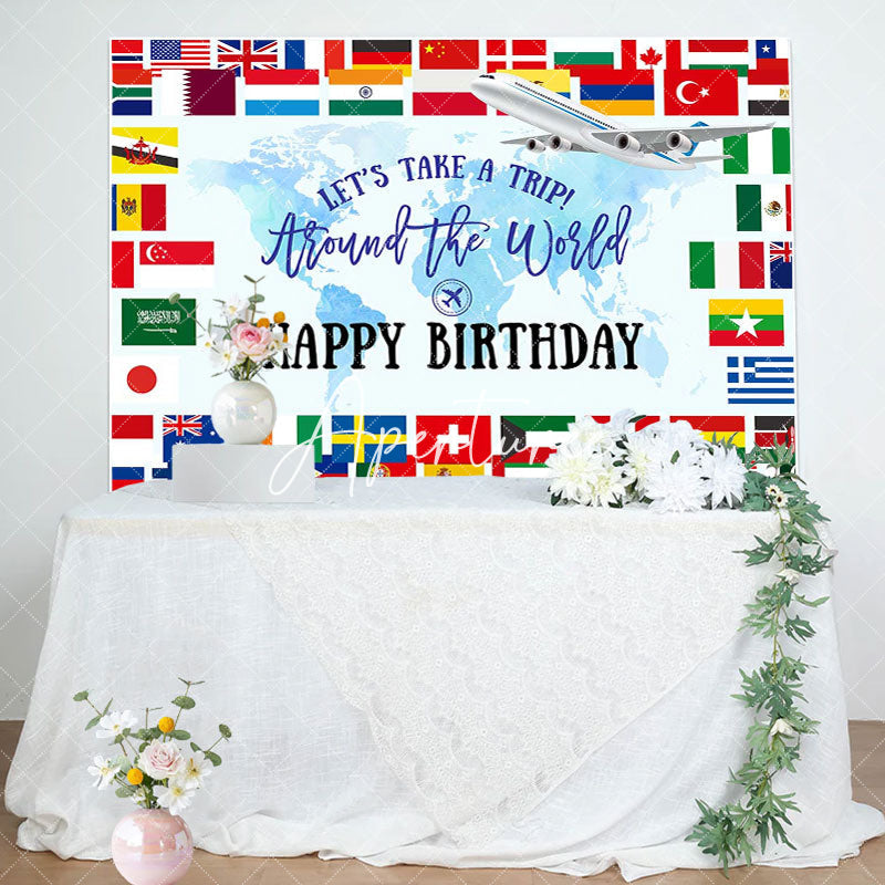 Aperturee - Around The World Map Trip Airplane Birthday Backdrop