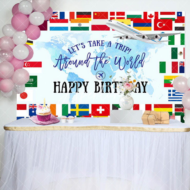 Aperturee - Around The World Map Trip Airplane Birthday Backdrop