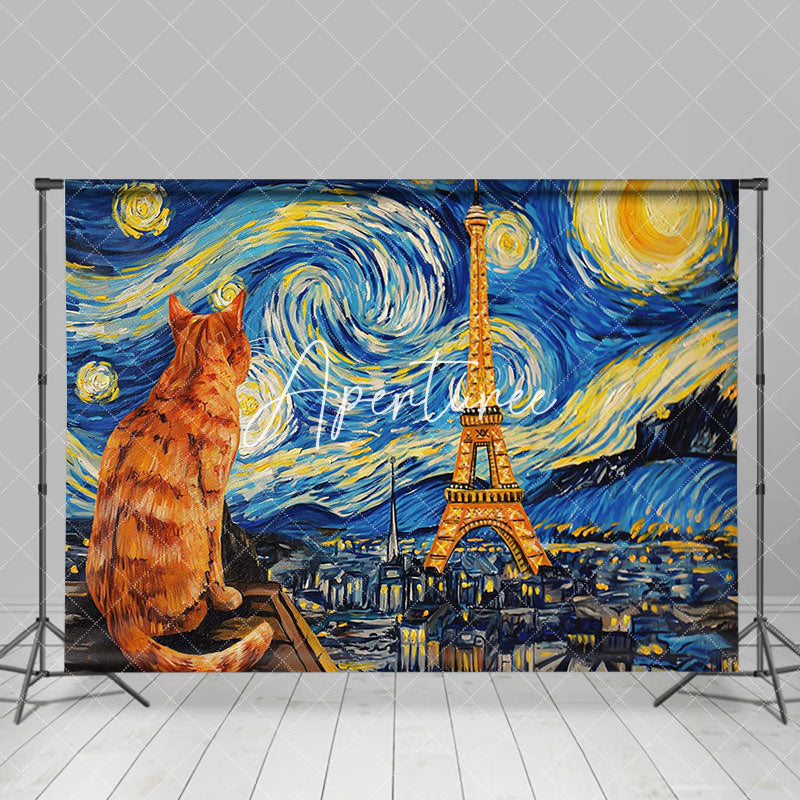 Aperturee - Art Van Gogh Starry Sky Cat Paris Dance Backdrop