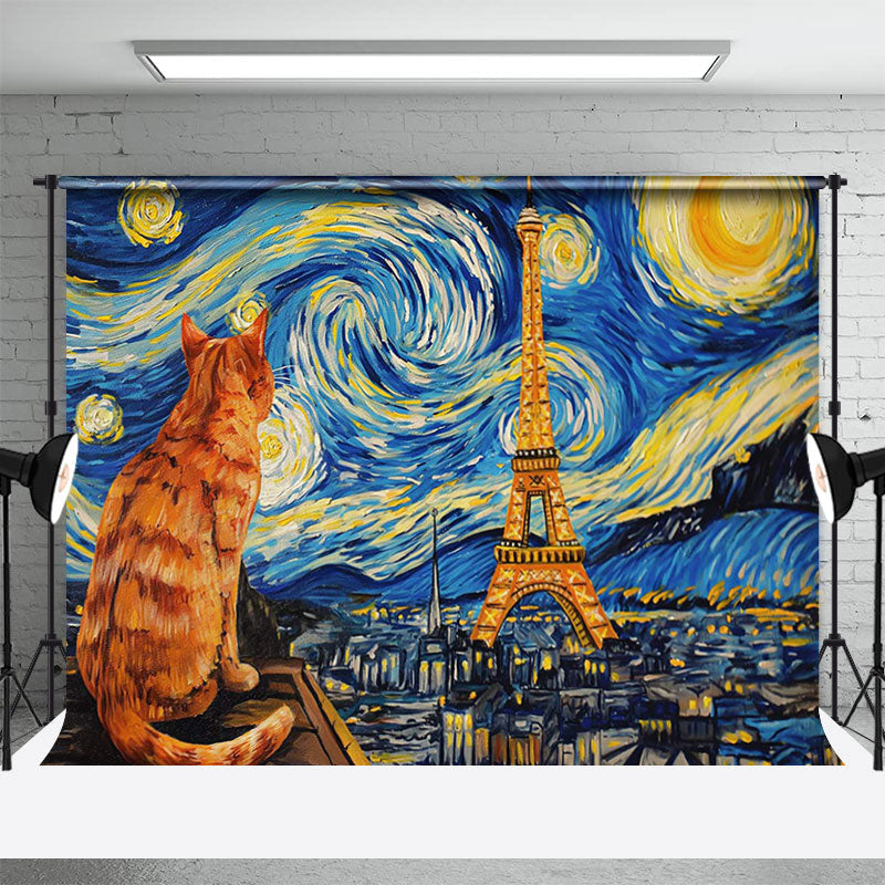 Aperturee - Art Van Gogh Starry Sky Cat Paris Dance Backdrop