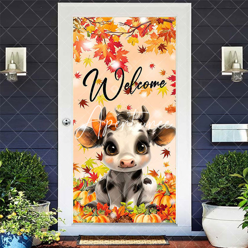 Aperturee - Autumn Cow Maple Thanksgiving Welcome Door Cover