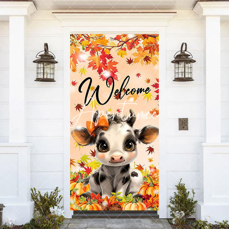 Aperturee - Autumn Cow Maple Thanksgiving Welcome Door Cover