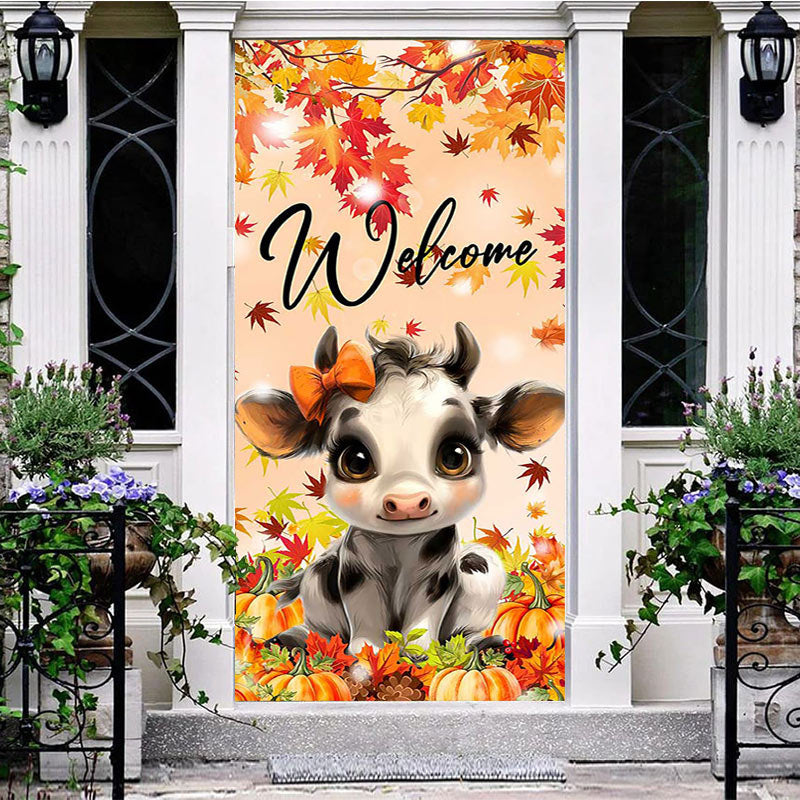 Aperturee - Autumn Cow Maple Thanksgiving Welcome Door Cover