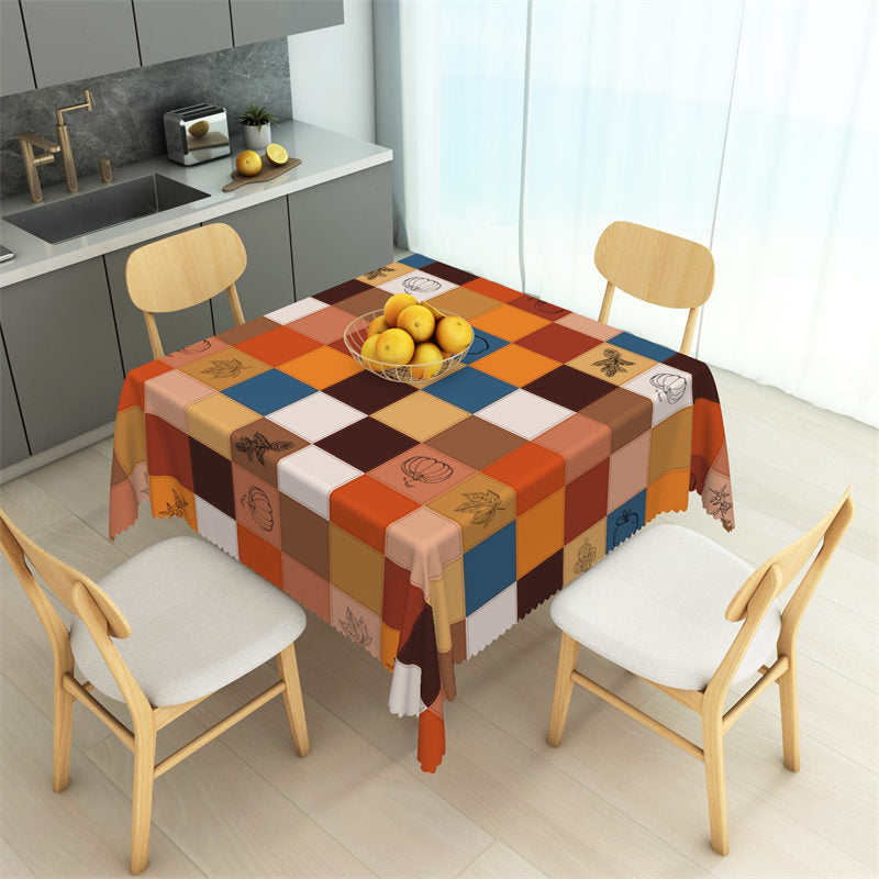 Aperturee - Autumn Leaves Pumpkin Colorful Plaid Tablecloth