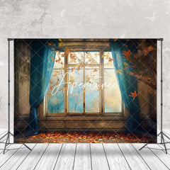 Aperturee - Autumn Maple Leaves Vintage Window Photo Backdrop