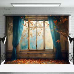 Aperturee - Autumn Maple Leaves Vintage Window Photo Backdrop