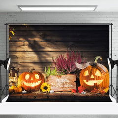 Aperturee - Autumn Pumpkin Lantern Wood Happy Halloween Backdrop