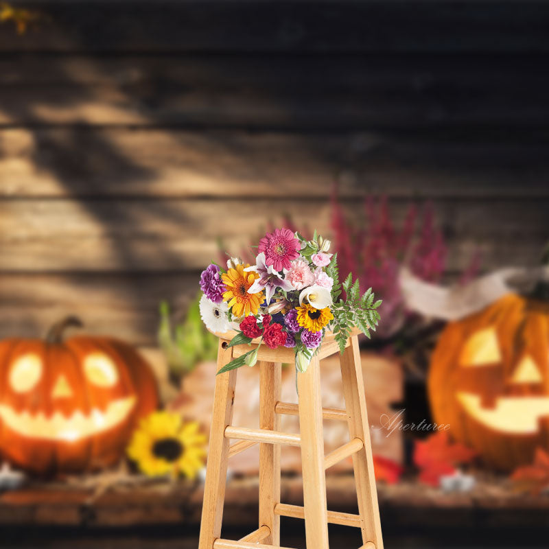 Aperturee - Autumn Pumpkin Lantern Wood Happy Halloween Backdrop