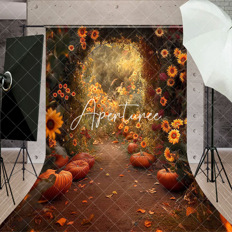 Aperturee - Autumn Scenery Arch Floral Pumpkins Photo Backdrop