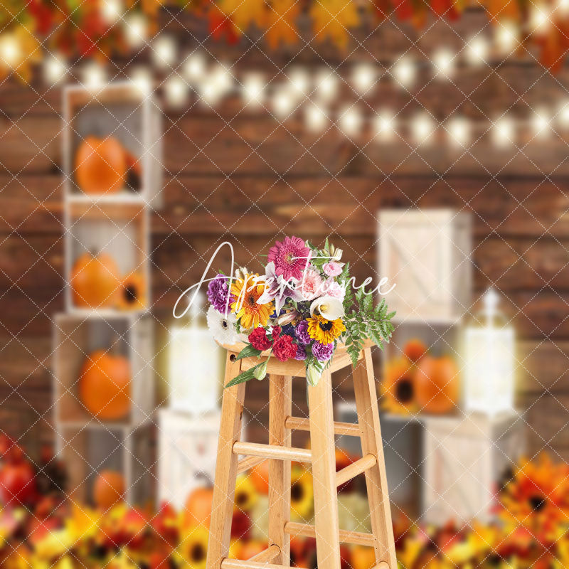 Aperturee - Autumn Wooden Pumpkins Maple Thanksgiving Backdrop