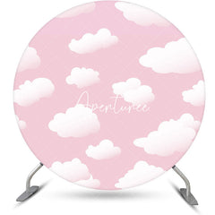 Aperturee - Baby Pink White Clould Round Birthday Party Backdrop