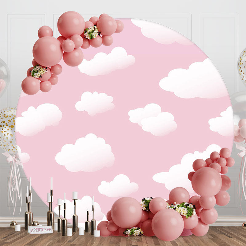 Aperturee - Baby Pink White Clould Round Birthday Party Backdrop