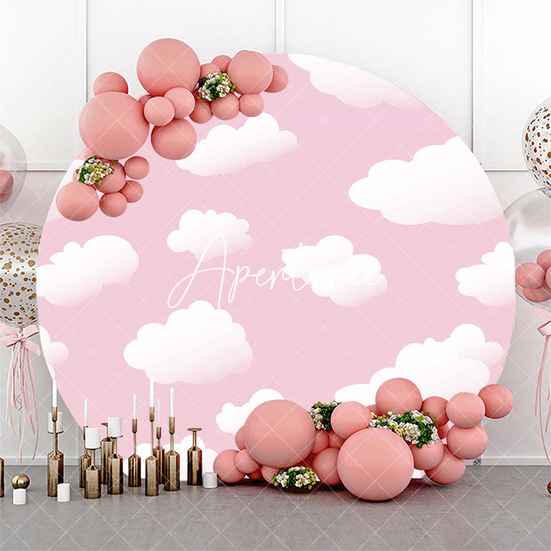 Aperturee - Baby Pink White Clould Round Birthday Party Backdrop