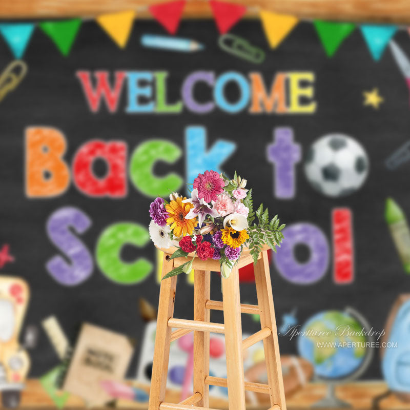 Aperturee - Back To School Backdrop Blackboard Book Pencil Bus