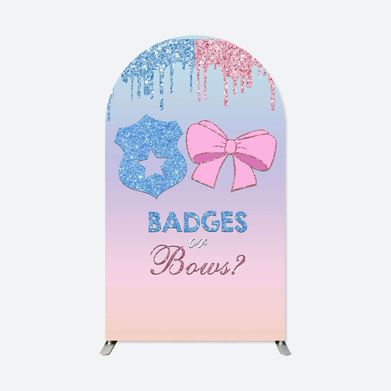 Aperturee - Badges Or Bows Gender Reveal Double Sided Arch Backdrop