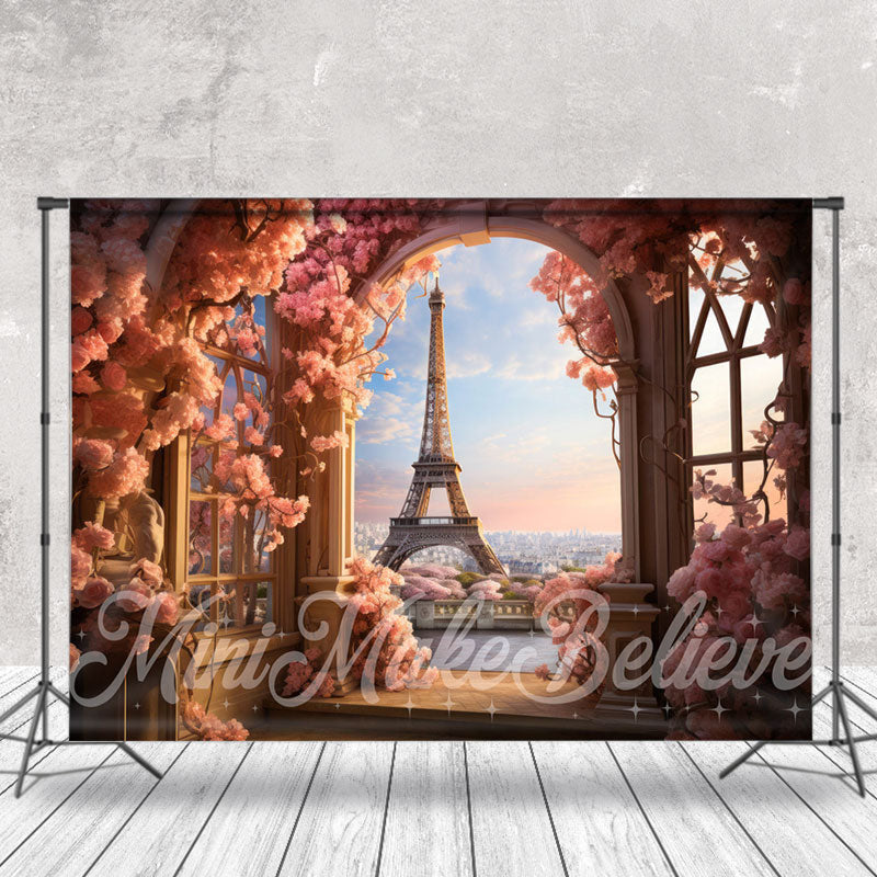 Aperturee - Balcony Eiffel Tower Floral Photo Spring Backdrop