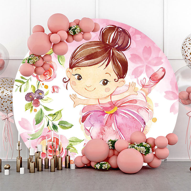 Aperturee Ballerina Girls Party Floral Round Backdrop Cover